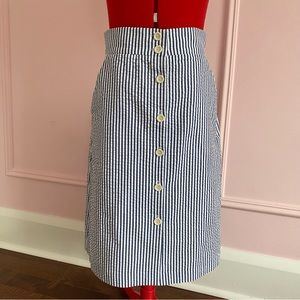 Club Monaco Navy and White Striped A-Line Button-Front Skirt